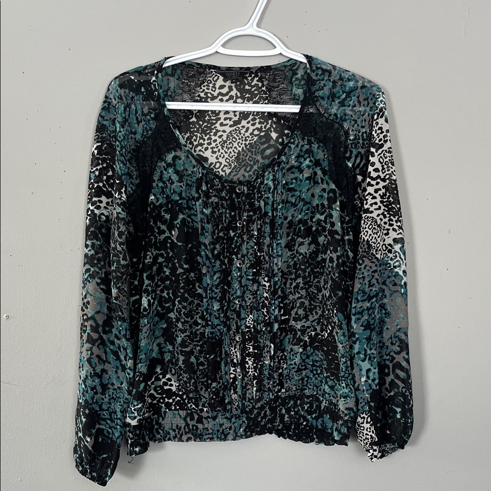 Guess Woman’s Black and Teal See Through Leopard Print Blouse Medium